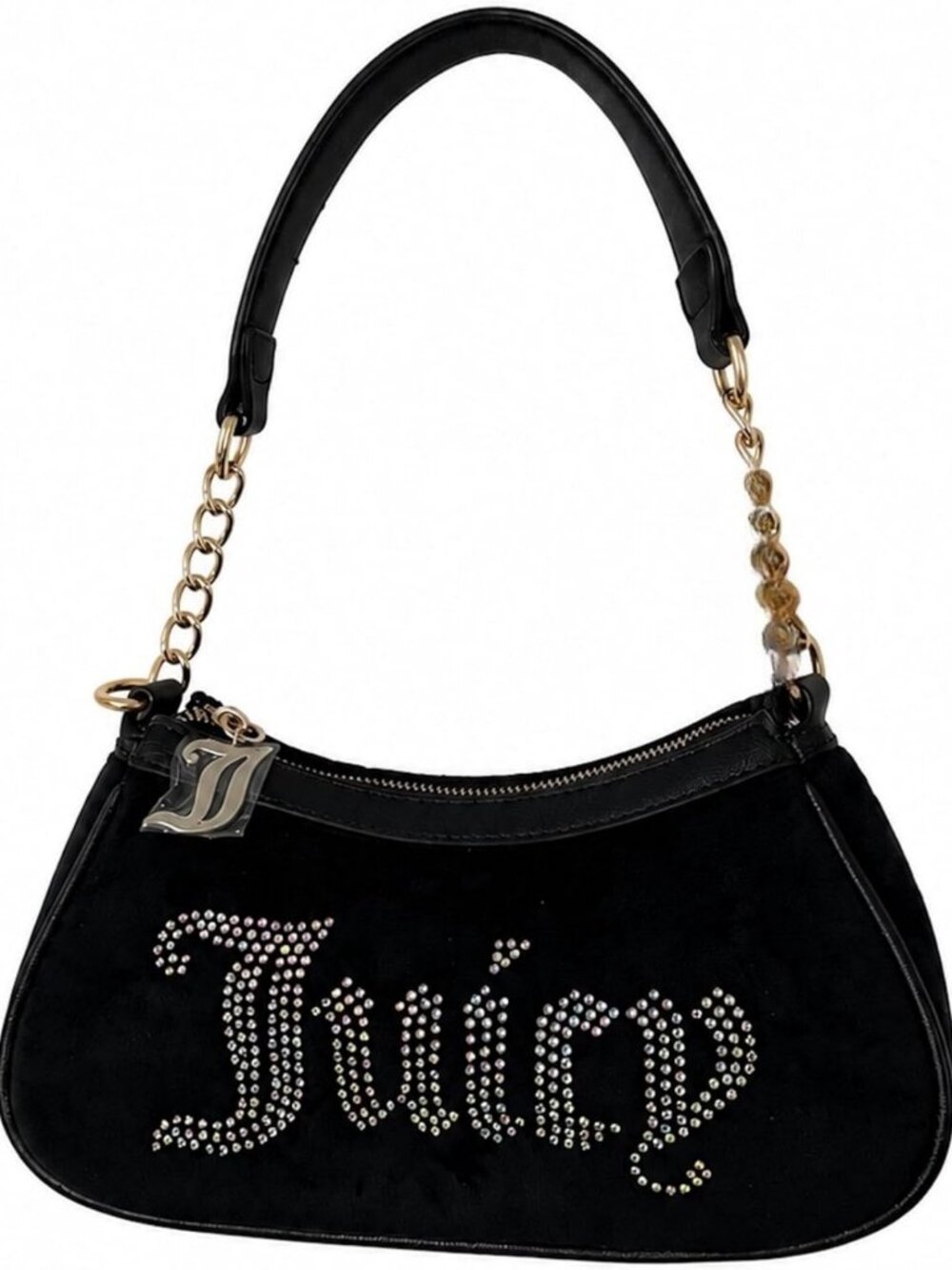 Chic Black Velvet Hobo Bag with Rhinestone Logo & Gold Chain Strap, Zip Closure